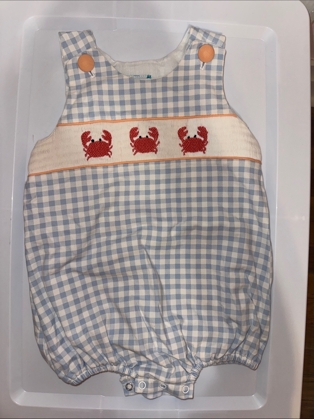Light Blue Gingham Crab Smocked Baby One-Piece